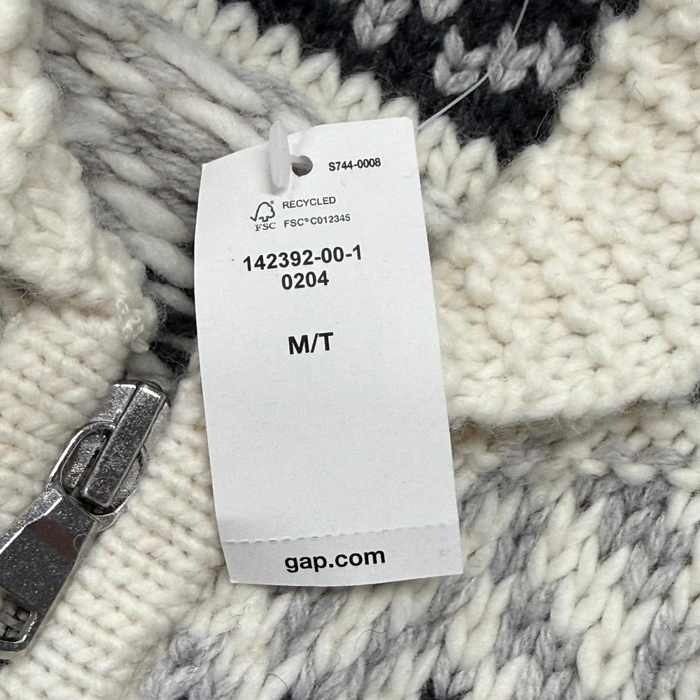 Gap Womens Fair Isle Zip Up Cardigan Wool Alpaca Blend Shawl Collar Cream M Tall